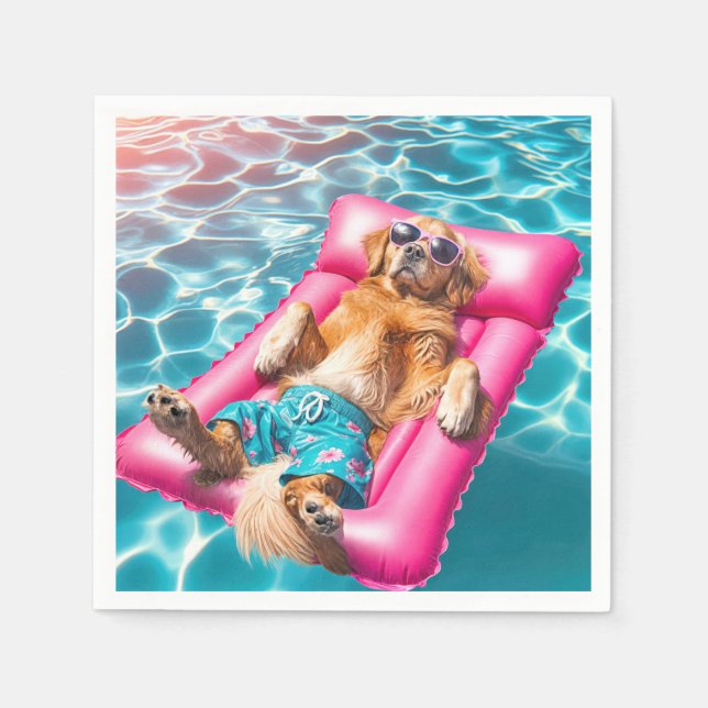 Golden Retriever Floating On Pool Mattress Napkins (Front)