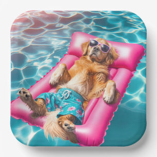 Golden Retriever Floating On Pool Mattress Paper Plates