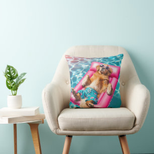 Golden Retriever Floating On Pool Mattress Throw Pillow