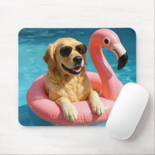 Golden Retriever Floating With Flamingo Mouse Pad