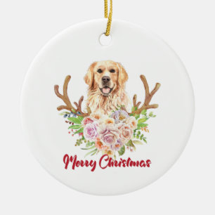 Golden Retriever Floral Merry Christmas Ceramic Ornament