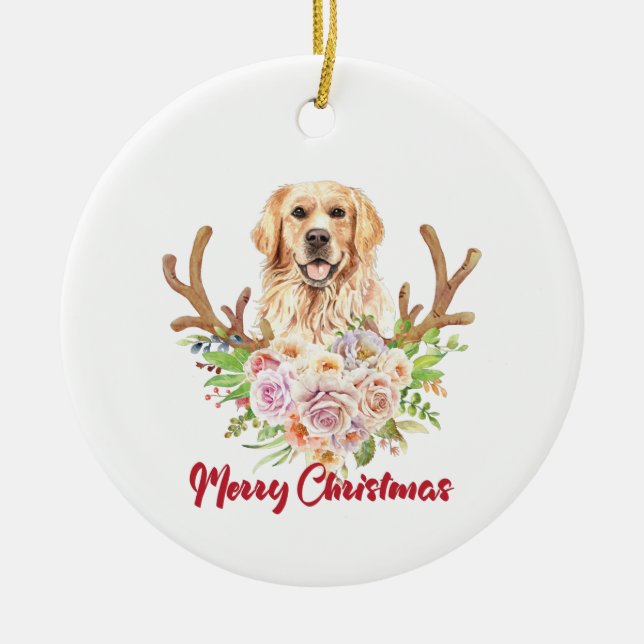 Golden Retriever Floral Merry Christmas  Ceramic Ornament (Front)