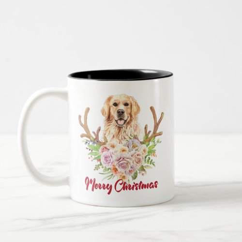 Golden Retriever Floral Merry Christmas Two_Tone Coffee Mug