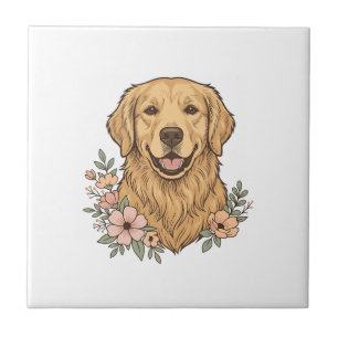 Golden Retriever Floral Vintage Engraving Design_1 Ceramic Tile