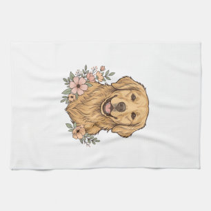 Golden Retriever Floral Vintage Engraving Design_1 Kitchen Towel