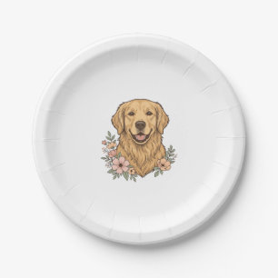 Golden Retriever Floral Vintage Engraving Design_1 Paper Plates