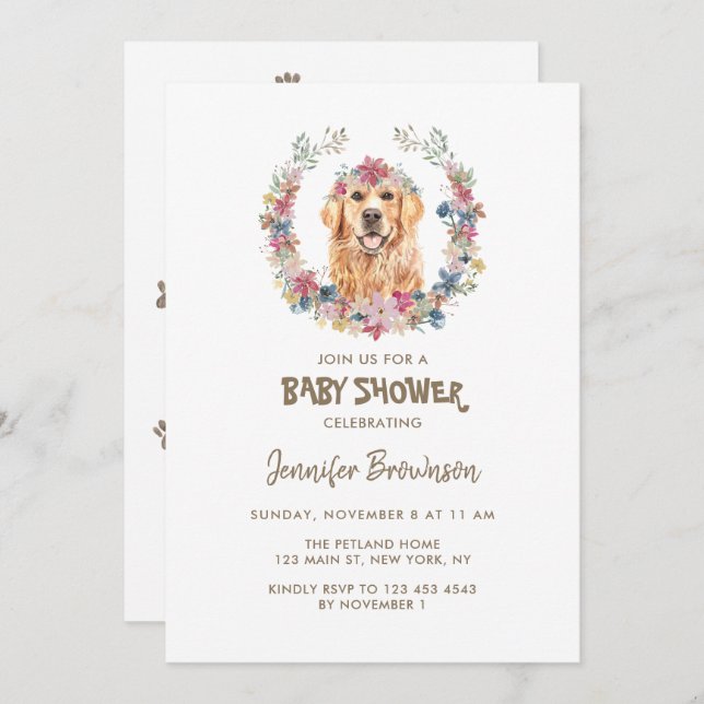 Golden Retriever Flower Wreath Dog Baby Shower Invitation (Front/Back)