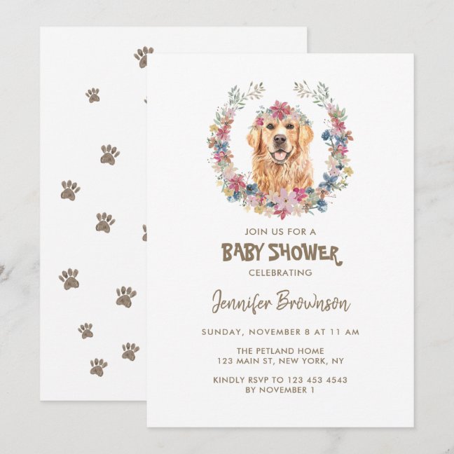 Golden Retriever Flower Wreath Dog Baby Shower Invitation