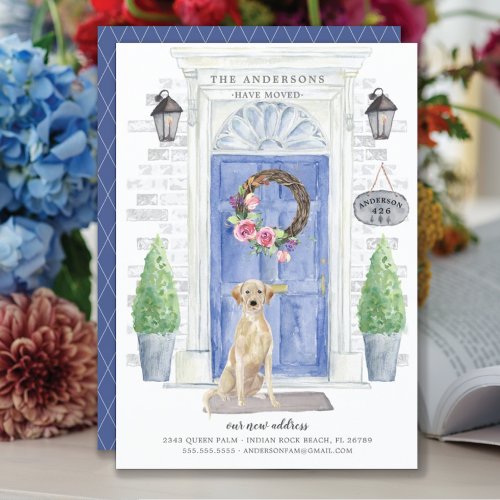 Golden Retriever Front Door Moving Announcement - Announce your new address with our stylish announcement featuring a Golden Retriever, blue front door, welcome mat, slate sign, topiaries and a floral wreath set on a gray brick background.