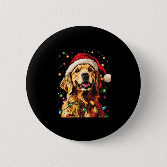 Golden Retriever Funny dog Christmas Santa Hat lig Button (Front)