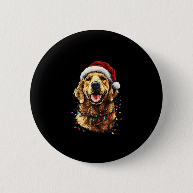 Golden Retriever Funny dog Christmas Santa Hat lig Button (Front)