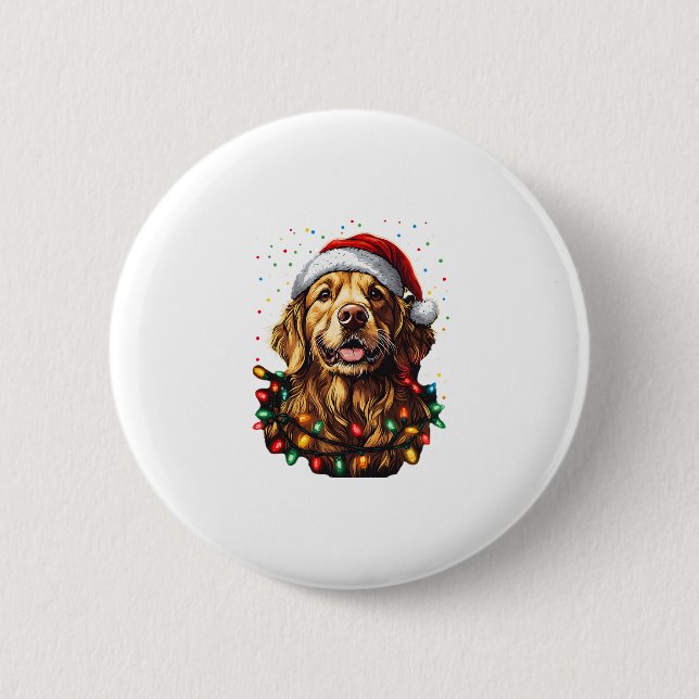 Golden Retriever Funny dog Christmas Santa Hat lig Button (Front)