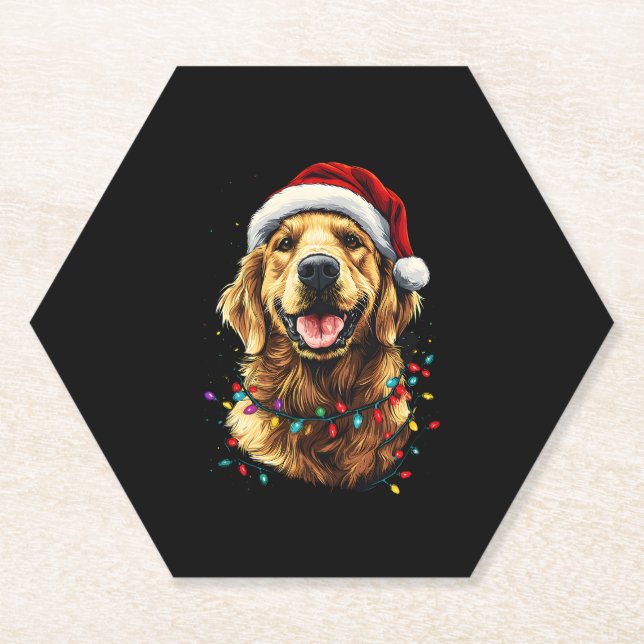 Golden Retriever Funny dog Christmas Santa Hat lig Paper Coaster (Front)