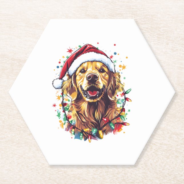 Golden Retriever Funny dog Christmas Santa Hat lig Paper Coaster (Front)