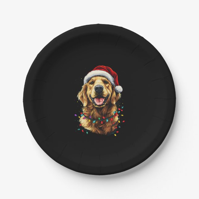 Golden Retriever Funny dog Christmas Santa Hat lig Paper Plates (Front)