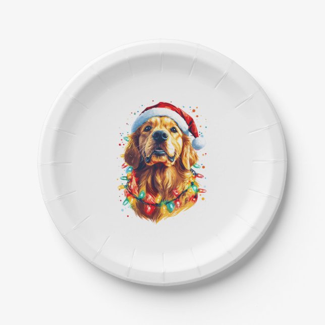 Golden Retriever Funny dog Christmas Santa Hat lig Paper Plates (Front)