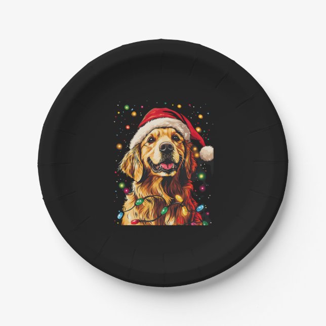 Golden Retriever Funny dog Christmas Santa Hat lig Paper Plates (Front)