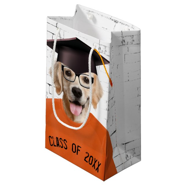 Golden Retriever Graduate with Orange T-shirt Small Gift Bag (Front Angled)