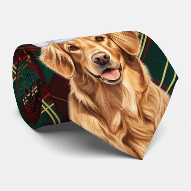 Golden Retriever Green Red Holiday Plaid Christmas Neck Tie (Rolled)