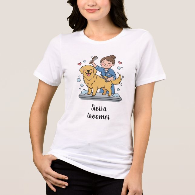 Golden Retriever Groomer Blue Uniform Cartoon Art Tri-Blend Shirt (Front)