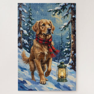 Golden Retriever Guiding Light in Snowy Forest Jigsaw Puzzle