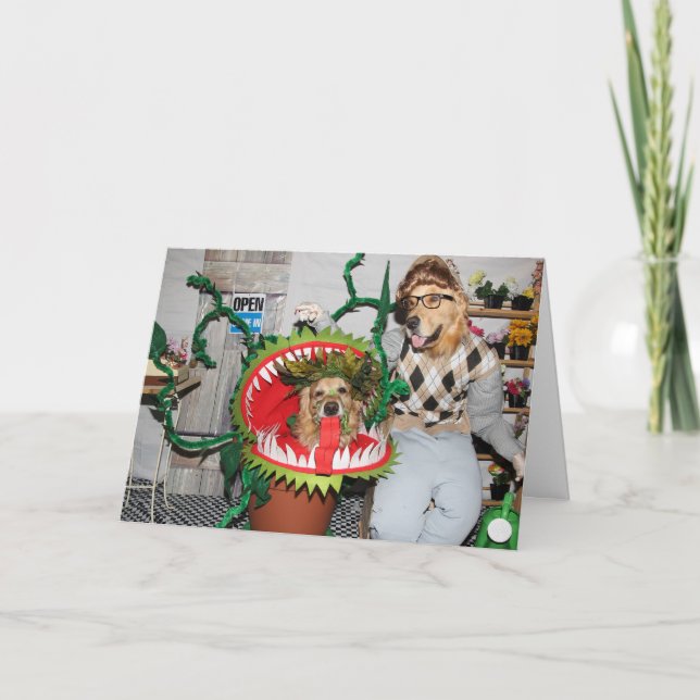 Golden Retriever Halloween Man Eating Plant Card (Front)