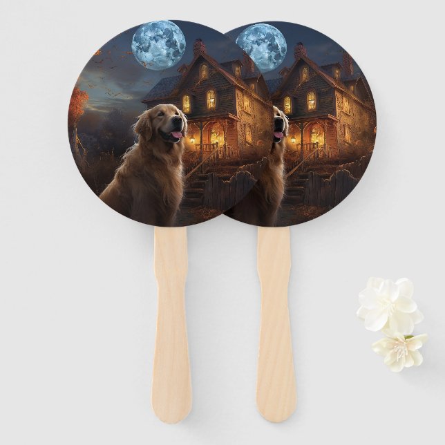 Golden Retriever Halloween Scary Hand Fan (Front and Back)