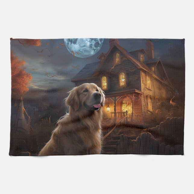 Golden Retriever Halloween Scary Kitchen Towel (Horizontal)