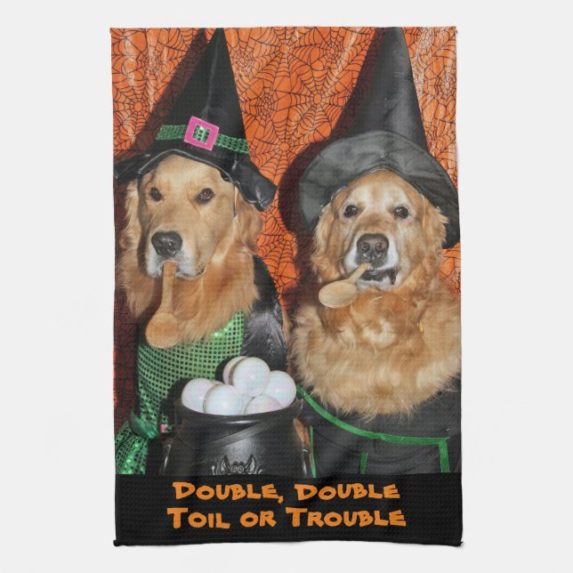 Golden Retriever Halloween Witches Kitchen Towel (Vertical)