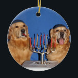 Golden Retriever Hanukkah Menorah Ceramic Ornament<br><div class="desc">This ornament features golden retrievers in yarmulkes lighting a menorah. This would make a perfect Hanukkah gift or decoration.</div>