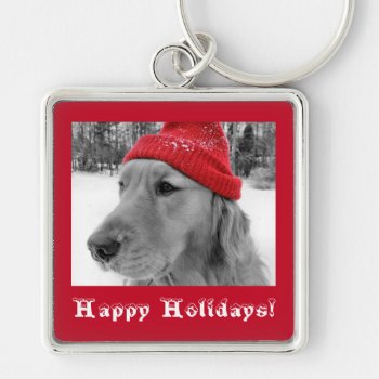 Golden Retriever Happy Holidays Keychain by artinphotography at Zazzle