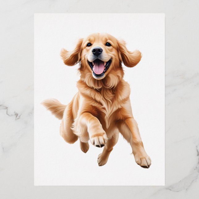 Golden Retriever Happy Playful Fun Jumping In Air Foil Holiday Postcard (Front)