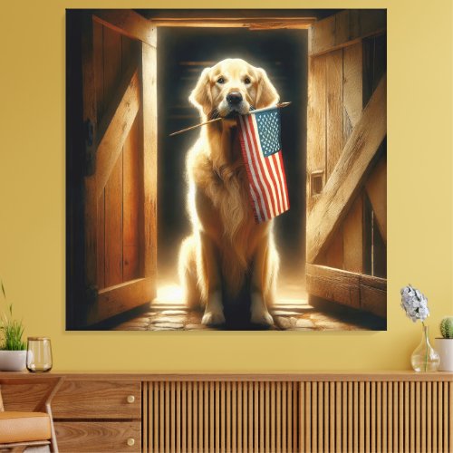 Golden Retriever Holding An American Flag Canvas Print