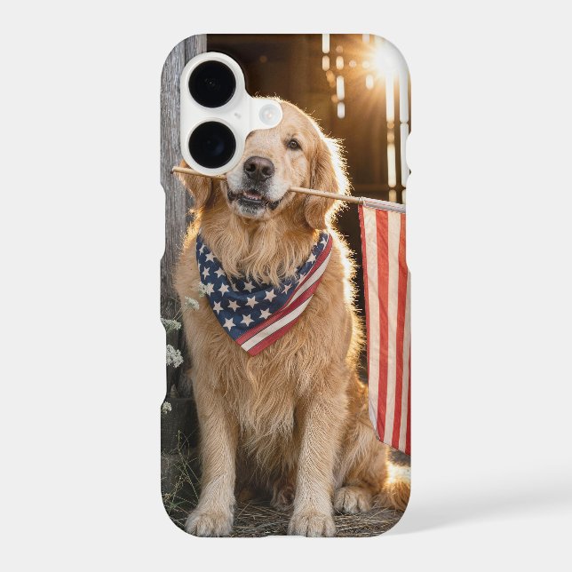 Golden Retriever Holding an American Flag iPhone Case (Back)