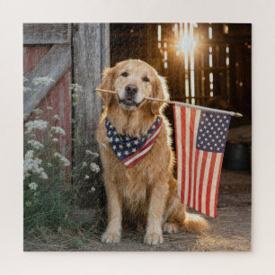 Golden Retriever Holding an American Flag Jigsaw Puzzle