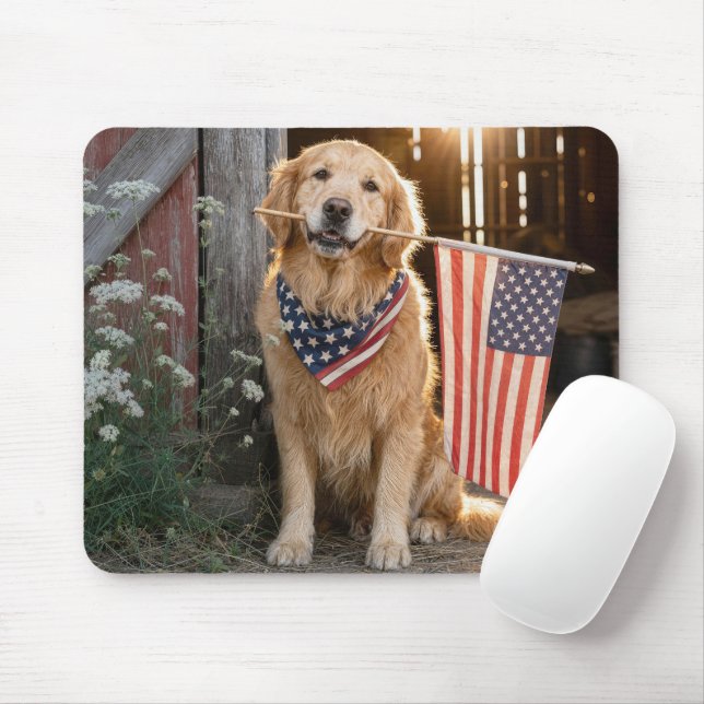 Golden Retriever Holding an American Flag Mouse Pad (With Mouse)