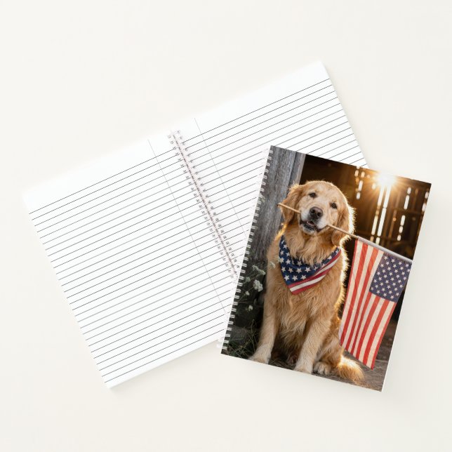 Golden Retriever Holding an American Flag Notebook (Inside)