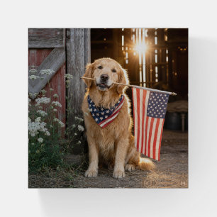 Golden Retriever Holding an American Flag Paperweight