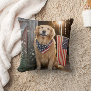 Golden Retriever Holding an American Flag Throw Pillow