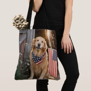 Golden Retriever Holding an American Flag Tote Bag