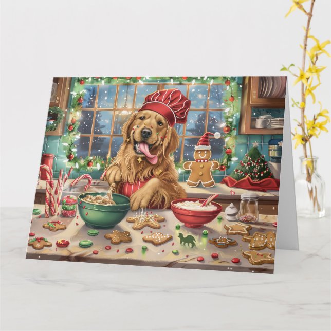 Golden Retriever Holiday Baking: Festive Christmas Card (Yellow Flower)