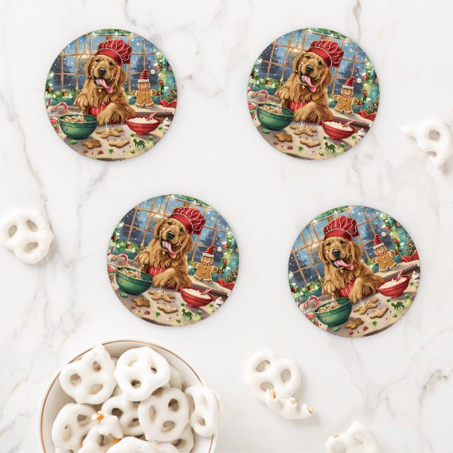Golden Retriever Holiday Baking: Festive Christmas Coaster Set (In Situ)