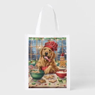 Golden Retriever Holiday Baking: Festive Christmas Grocery Bag