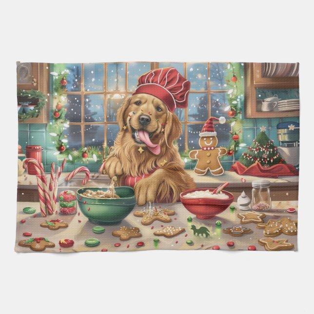 Golden Retriever Holiday Baking: Festive Christmas Kitchen Towel (Horizontal)