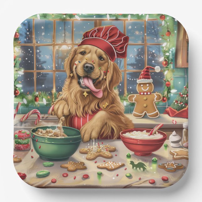 Golden Retriever Holiday Baking: Festive Christmas Paper Plates (Front)
