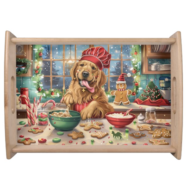 Golden Retriever Holiday Baking: Festive Christmas Serving Tray (Front)