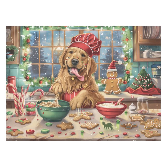 Golden Retriever Holiday Baking: Festive Christmas Tablecloth (Front (Horizontal))