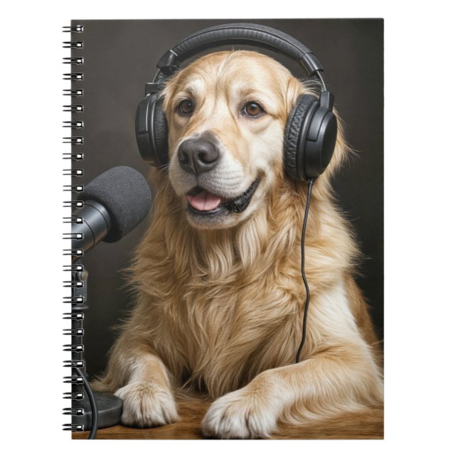 Golden Retriever Hosting a Podcast Notebook (Front)