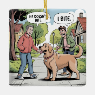 Golden Retriever I Bite Funny Cartoon Ceramic Ornament