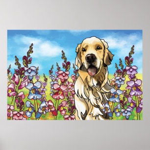 Golden Retriever in a Meadow of Snapdragons Poster